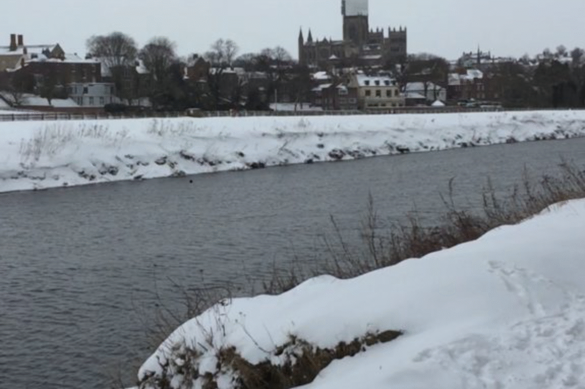 The Beast From The East snowfall 1st March 2018. River Wear and the Cathedral in the distance