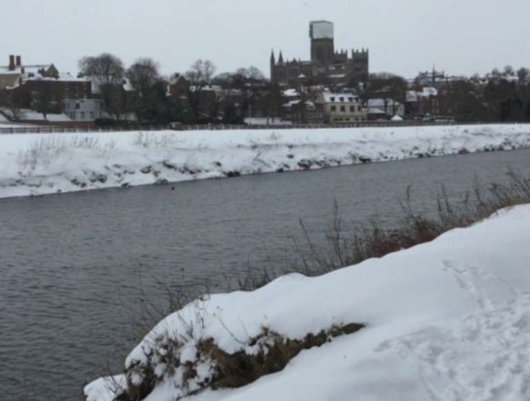 The Beast From The East snowfall 1st March 2018. River Wear and the Cathedral in the distance