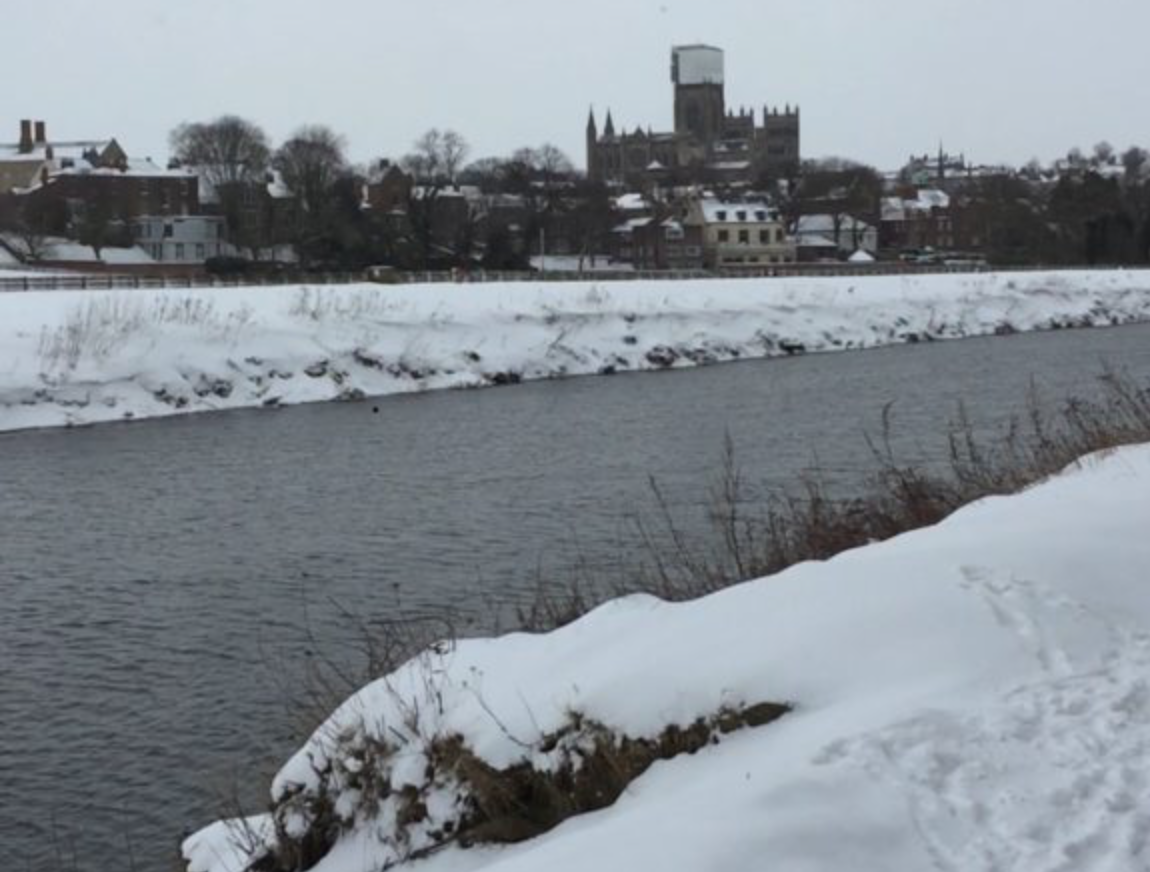 The Beast From The East snowfall 1st March 2018. River Wear and the Cathedral in the distance