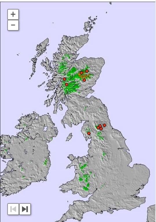 The Last 7 days snowfall in the UK to 21 Nov 2024. A grey map of the UK with colours representing snow depth in cm