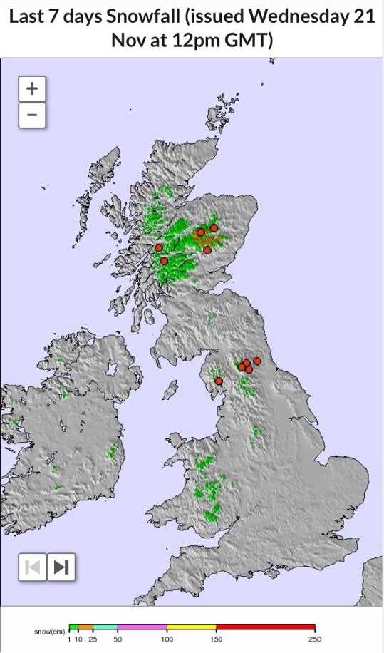 The Last 7 days snowfall in the UK to 21 Nov 2024. A grey map of the UK with colours representing snow depth in cm