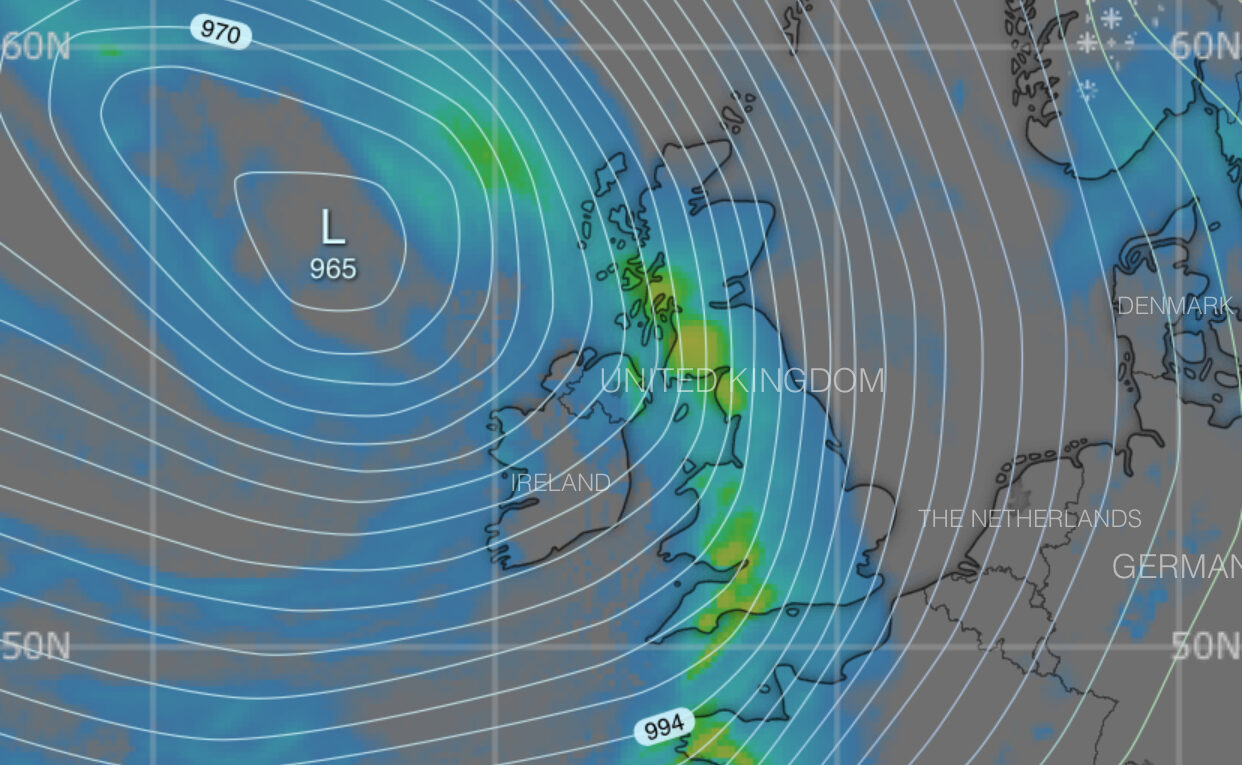 November 2018 Isobaric map showing very windy conditions in the west of the UK