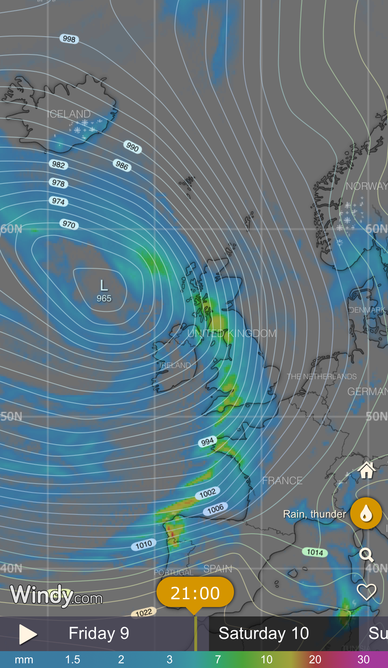 November 2018 Isobaric map showing very windy conditions in the west of the UK
