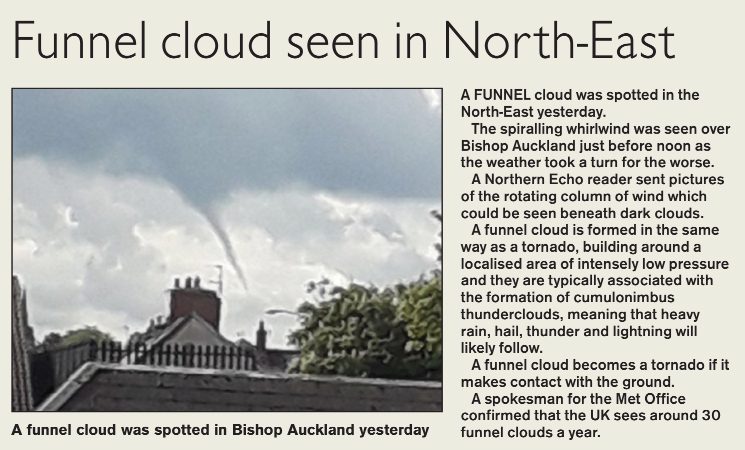 Funnel cloud seen over north east england 28th may 2019