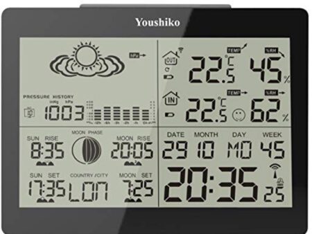 Youshiko YC9360 digital weather station with radio controlled clock ( official UK version ), indoor outdoor temperature humidity , sunrise , sunset , moonrise , moonset times , barometric pressure
