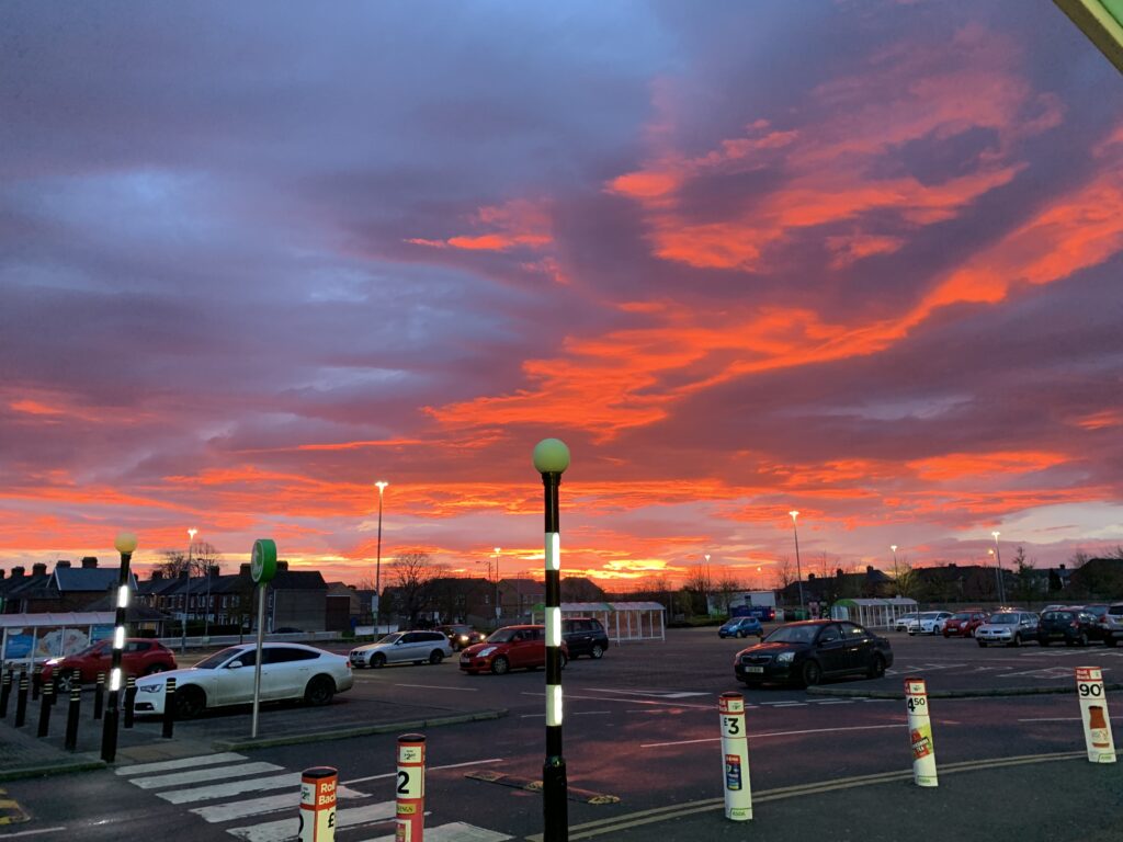 A red sunrise over Bishop Auckland