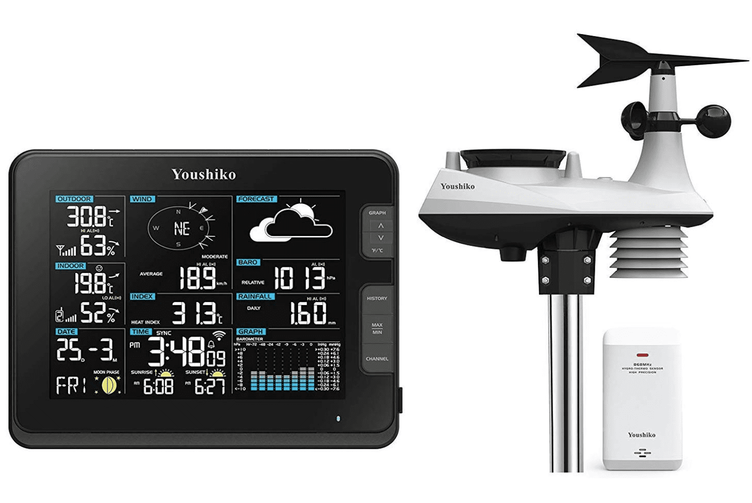 Youshiko Weather Station ( Premium Quality / HD Display / Official UK Version ) WiFi Internet Wunderground , Professional 6-in-1