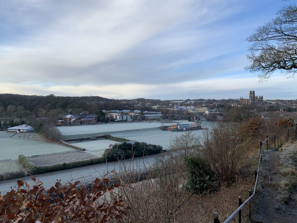 The racecourse fields, covered in frost