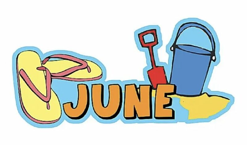 June banner : flip-flops and bucket and spade