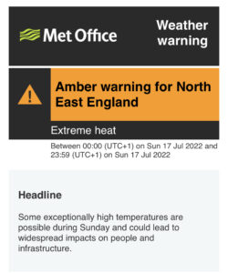Met Office amber warning for extreme heat in North East England on 17th July 2022
