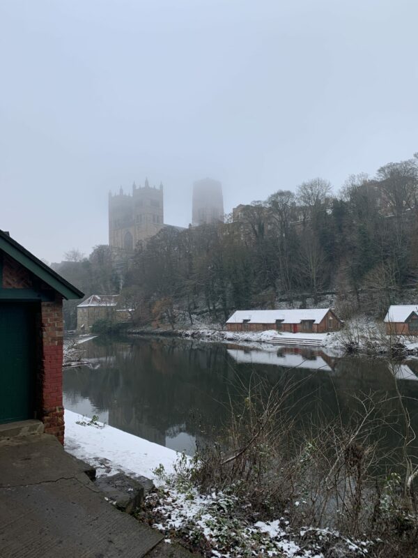 Looking back to the weir, with the Durham Cathedral in the mist