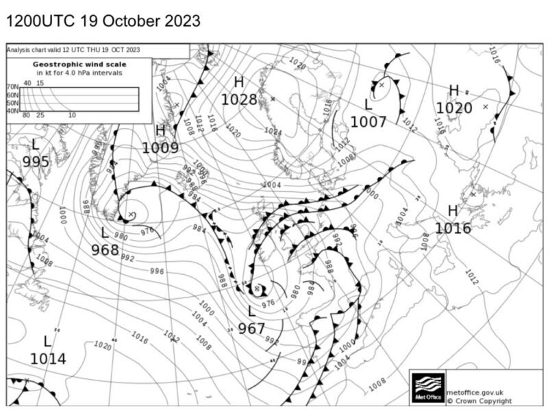 Fronts pile up over Northern England and Scotland during Storm Babet 19th October 2023