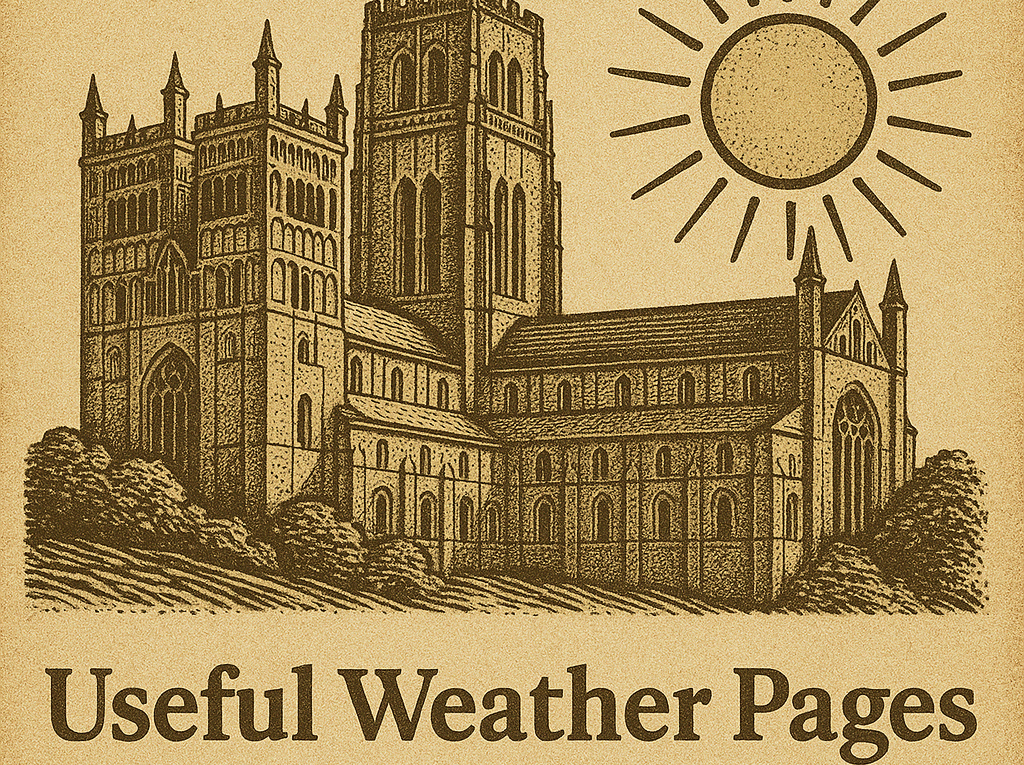Sepia illustration of Durham Cathedral, a sun symbol and the text 'Useful Weather Pages'