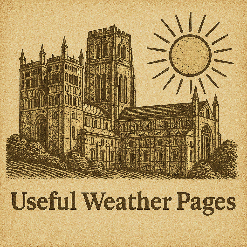 Sepia illustration of Durham Cathedral, a sun symbol and the text 'Useful Weather Pages'