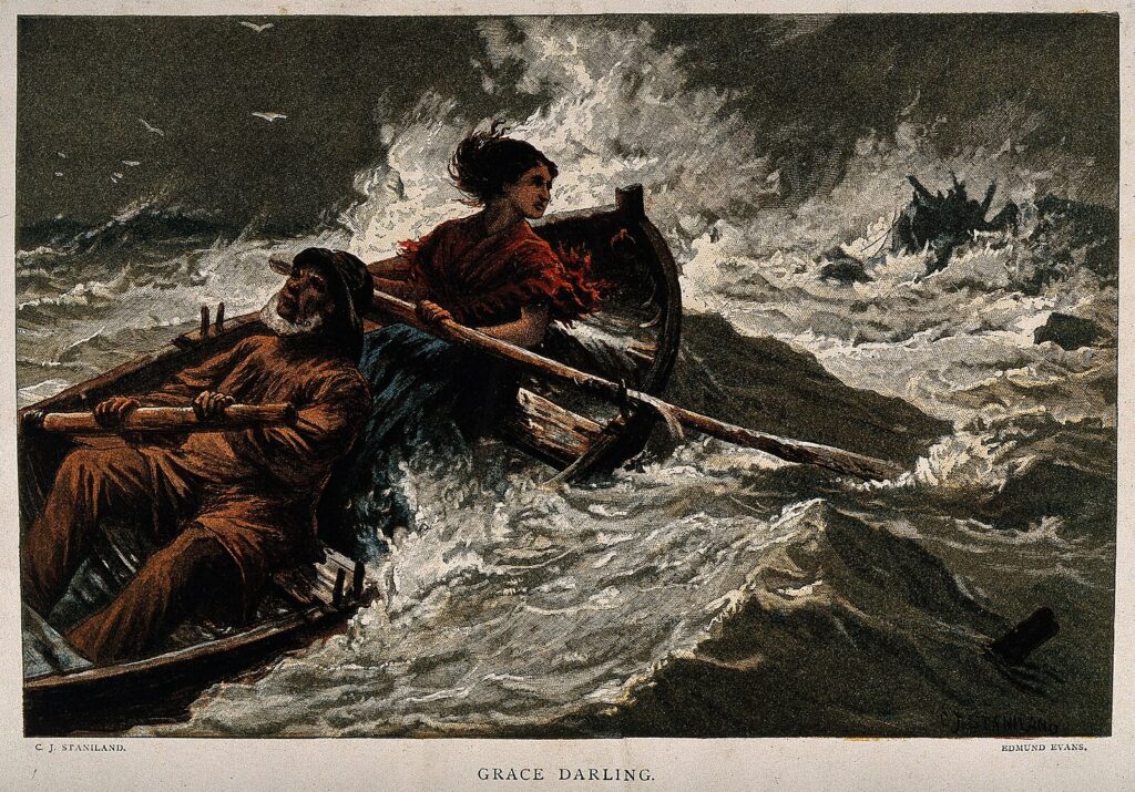 Grace Darling rowing out to rescue the sailors on the Forfarshire in 1838
