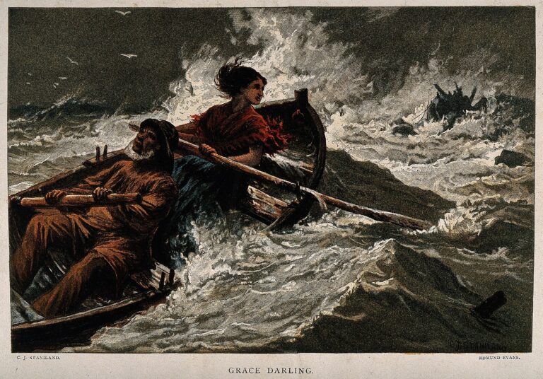 Grace Darling rowing out to rescue the sailors on the Forfarshire in 1838