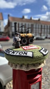 A postbox top in Yarm, decorated to celebrate the 200th anniversary of the Stockton-Darlington Railway